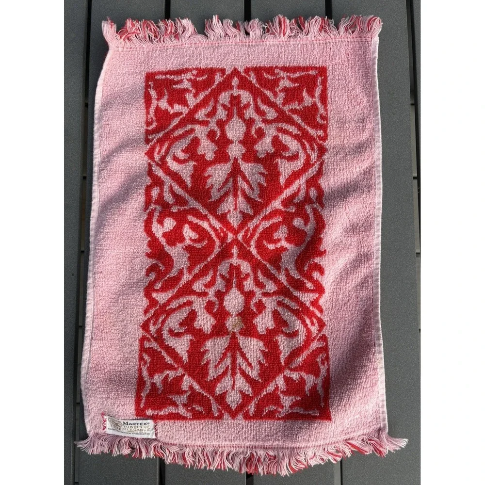 Vintage single hand towel Martex Towels of Elegance fringed red and pink 1970's